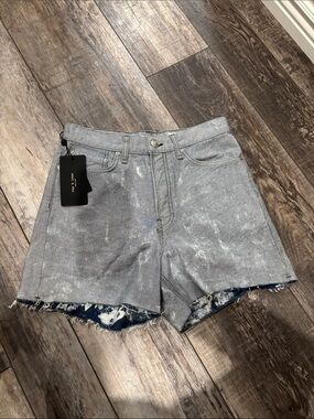rag & bone Silver Metallic Distressed Denim Shorts